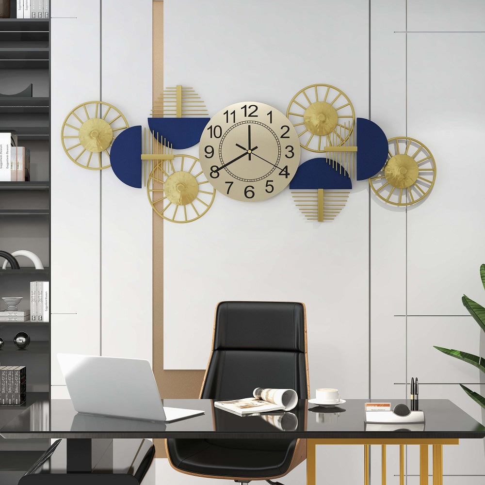 Blue & Gold Luxury Fashion Artistic Home Large Metal Wall Clock Decor