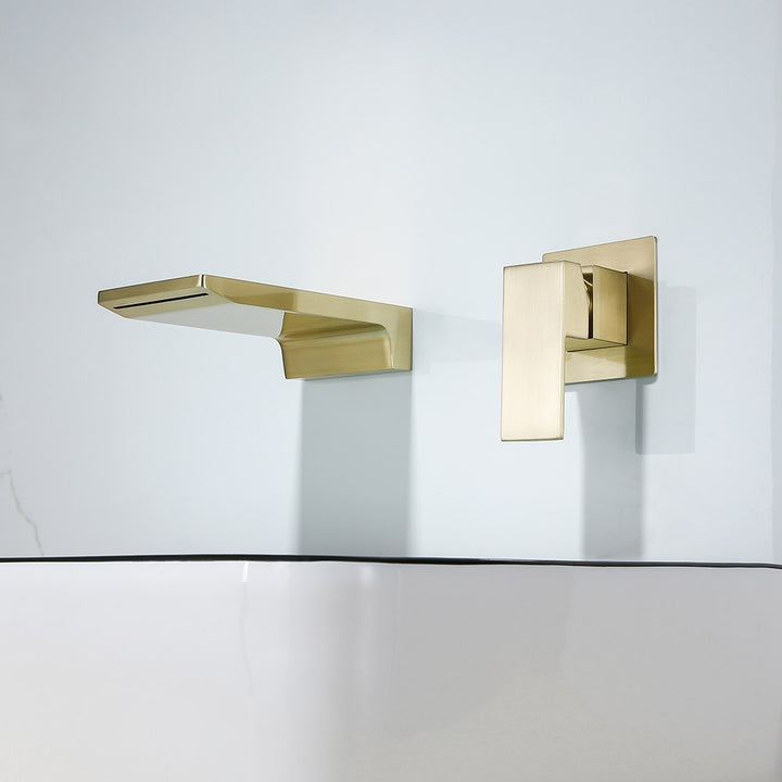 Waterfall Wall Mounted Brushed Gold Bathroom Basin Tap Single Lever Handle