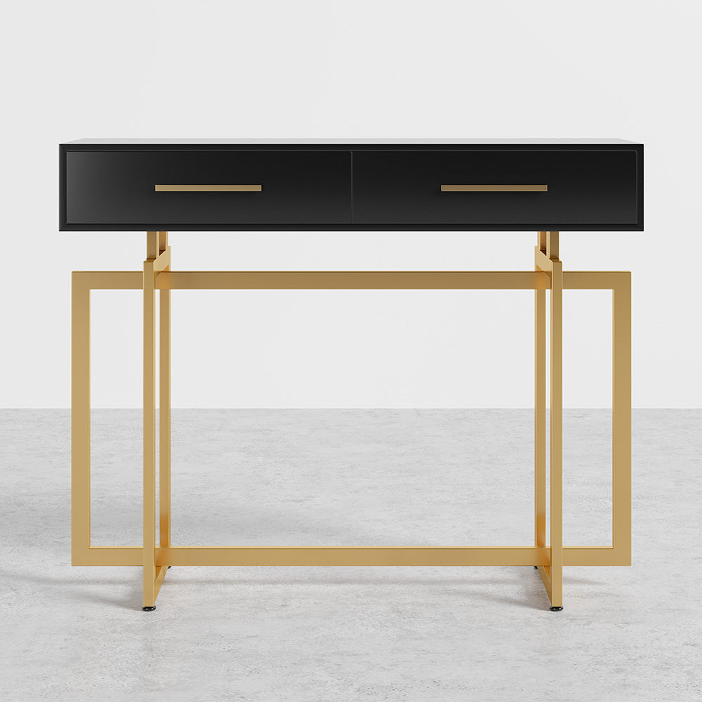 1200mm Modern Narrow Black Console Table with Storage Drawers and Metal Legs in Gold