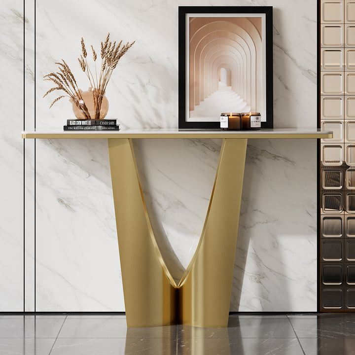 1200mm Art Deco White & Gold Console Table with Sintered Stone Top & Stainless Steel Base