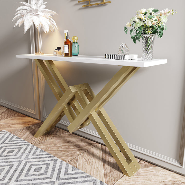 White & Gold Narrow Console Table Accent Table For Hallway X Base & Metal in Small