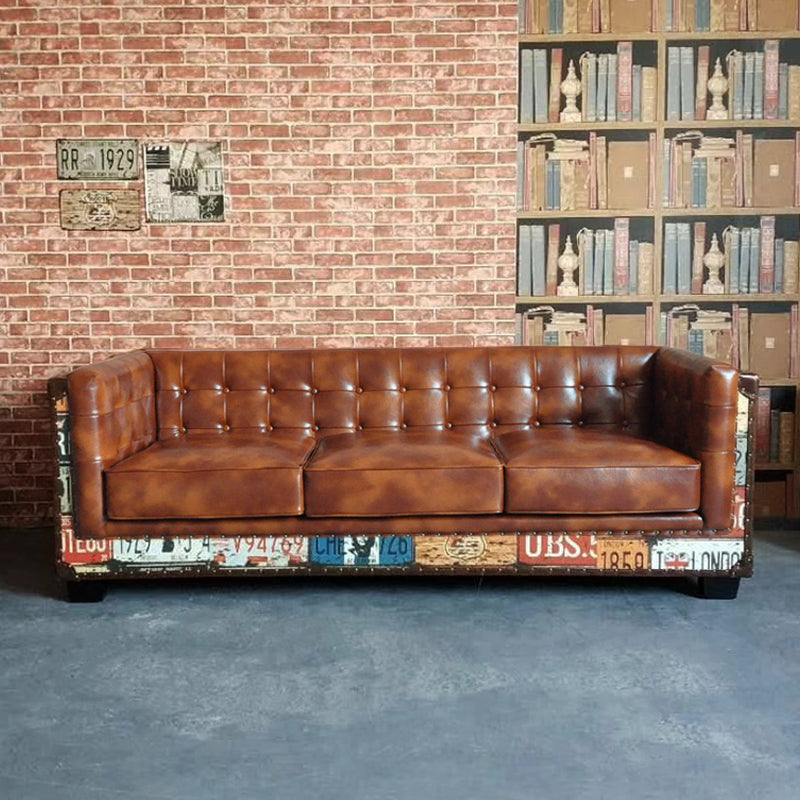 Vintage Industrial Loft 3-Seater Sofa Tufted Brown Faux Leather Upholstered Sofa