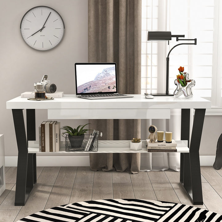 1800mm White Wooden Writing Desk Computer Desk with Shelf & Drawer Black Legs