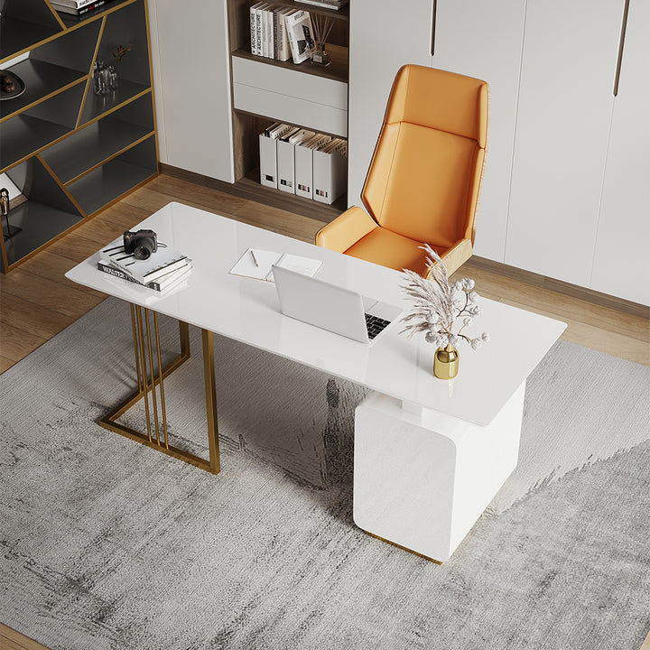 1600mm Modern White Office Desk with Drawers & Side Cabinet in Gold Base