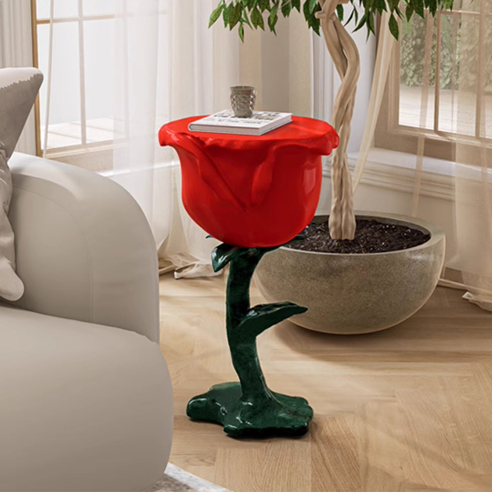 Modern Small End Table Red Resin Rose Sculpture Cute Pedestal Side Table with Tray