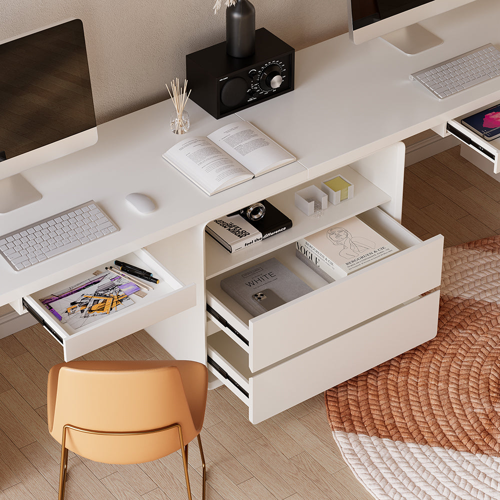 2-Person Double Computer Desk Modern White Retangular Office Desk with 4 Drawers & 1 Cabinet (2400mm)