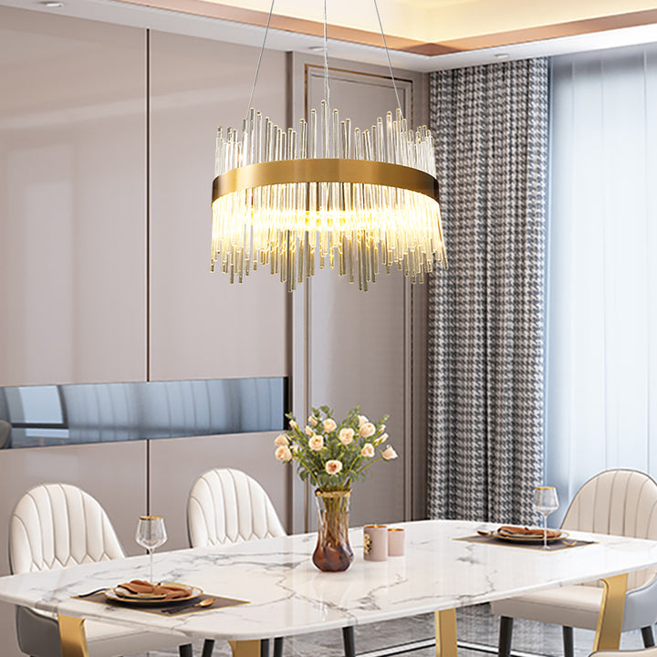 Striaged Modern Glass Chandelier with Round Frame in Brass with Adjustable Cables