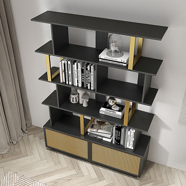 5-Tier Black Wood Bookshelf with 2 Doors Modern Bookcase in Gold Finish