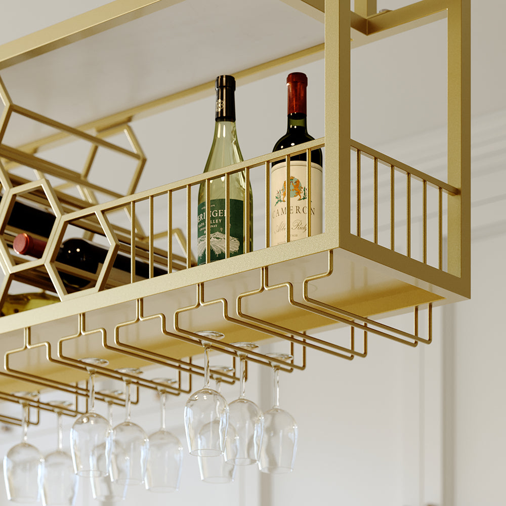 970mm Metal Hanging Wine Rack Golden Bar Shelf Floating Wine Glass Holder