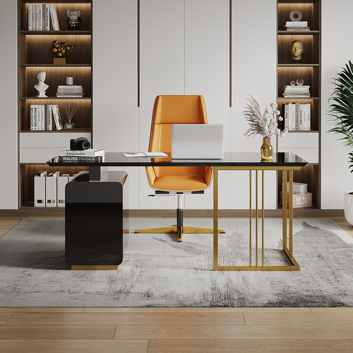 1800mm Modern Black Writing Desk with Drawers & File Cabinet in Gold Base