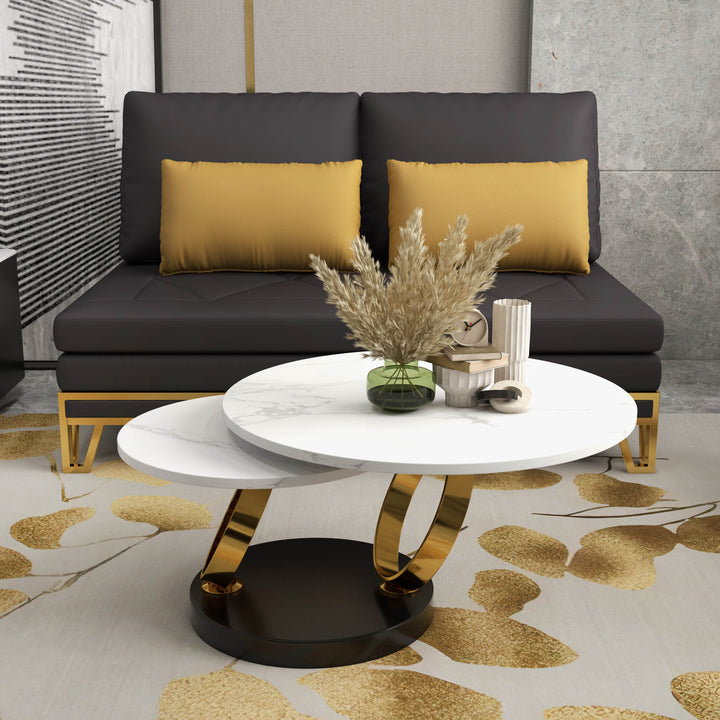 Modern White Extendable Coffee Table with Ring-shaped Metal Pedestal