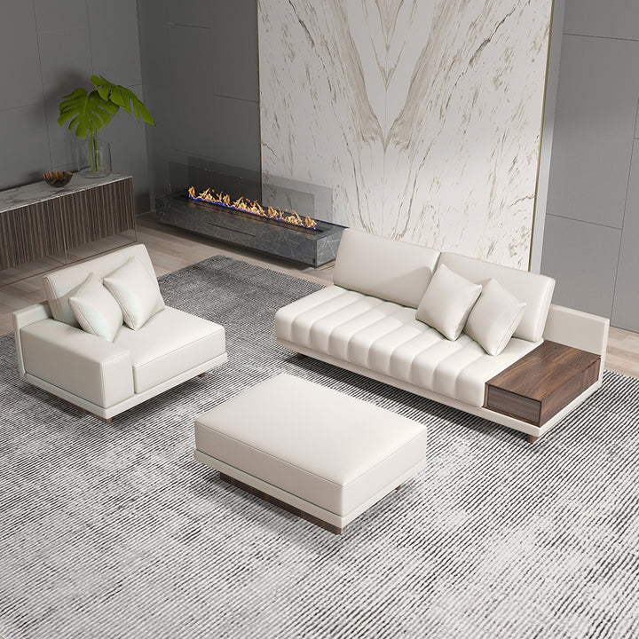 126" Leather L-Shaped Modular White Sectional Sofa with Storage Side Table and Ottoman