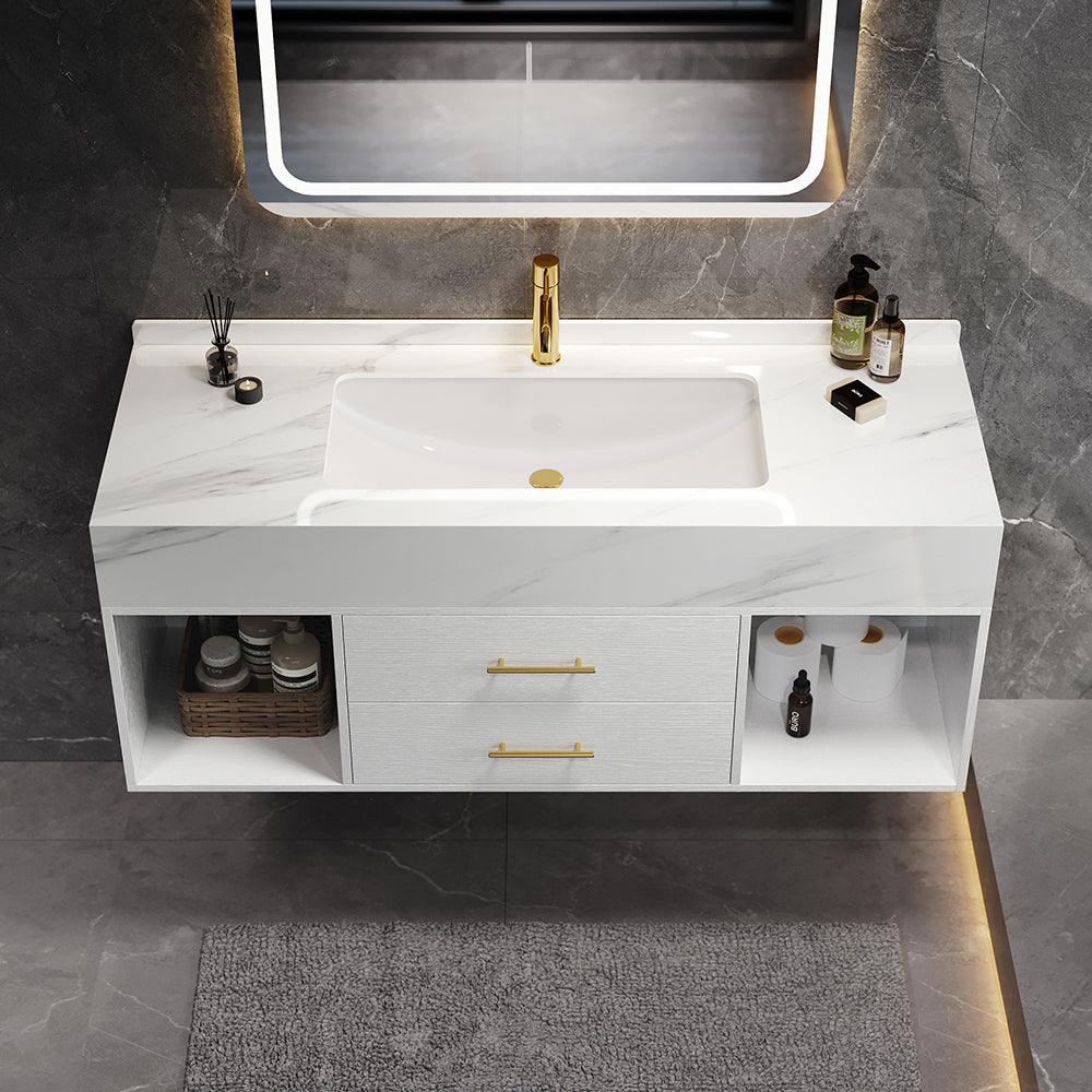 39.4" Floating Bathroom Vanity White with Cultured Marble Vessel Sink with 2 Drawers