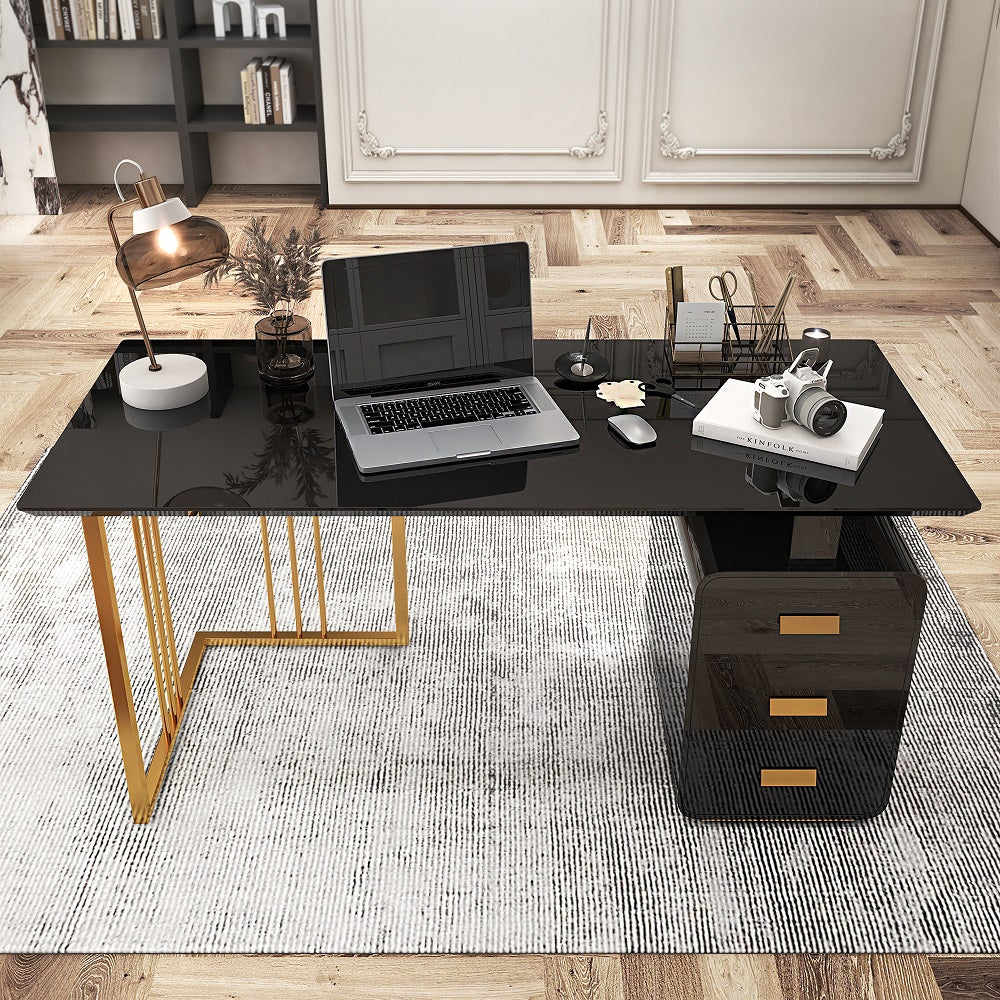 1800mm Modern Black Writing Desk with Drawers & File Cabinet in Gold Base