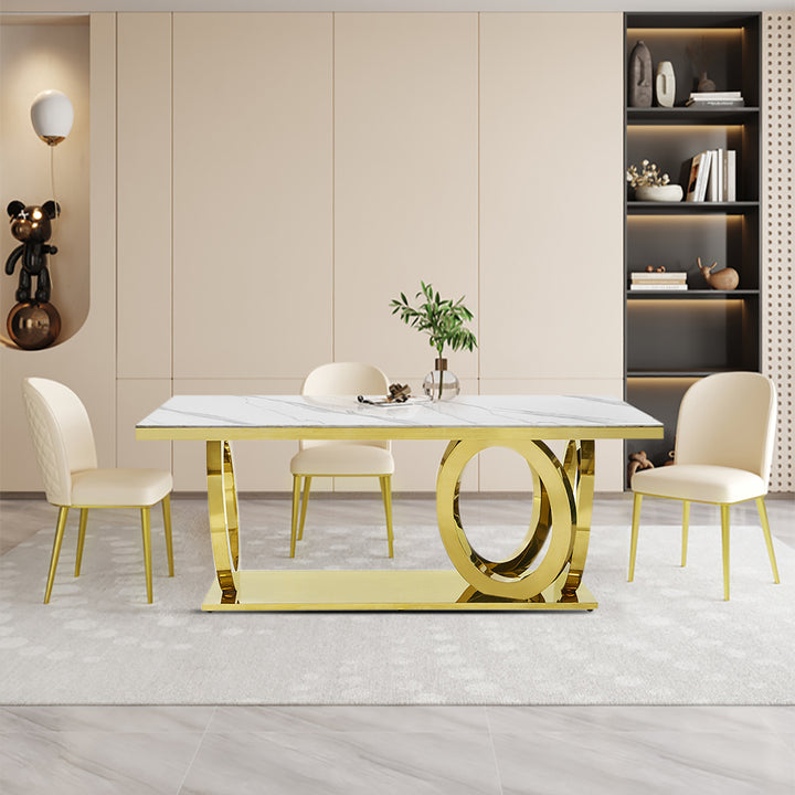 79" Rectangle Marble Dining Table Stainless Steel Base in Luxury Gold Modern White Dining Room Table