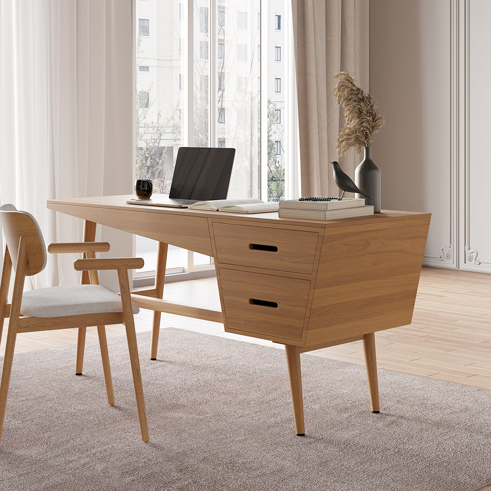 1500mm Mid Century Modern Natural Writing Desk Wood Computer Desk with 2 Drawers 4 Legs