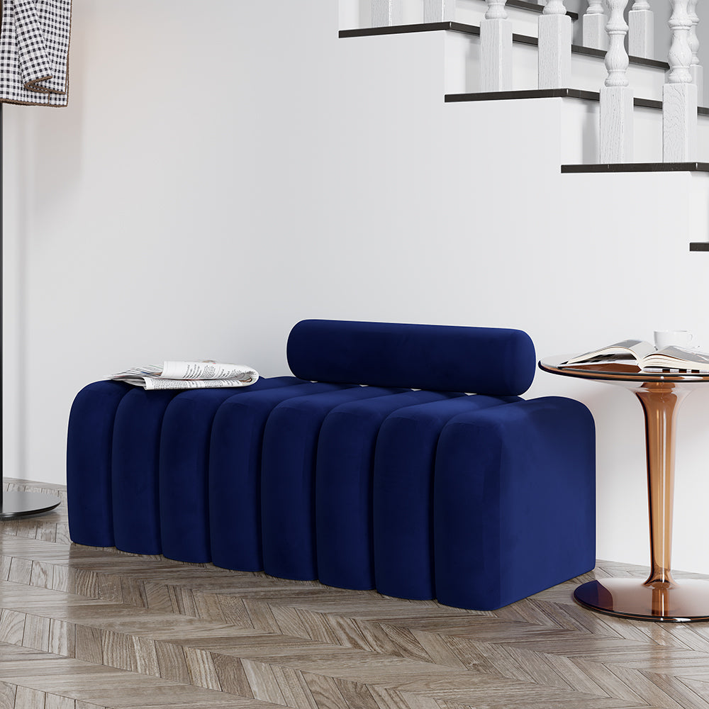 Modern Line Tufted Bench Upholstered Bench with Round Back Blue