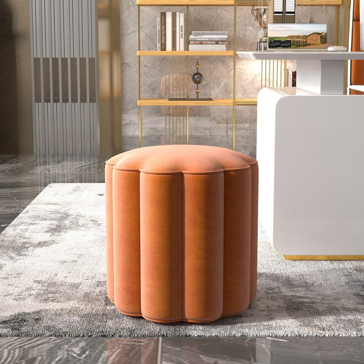 Velvet Upholstered Makeup Vanity Stool Orange Round Ottoman