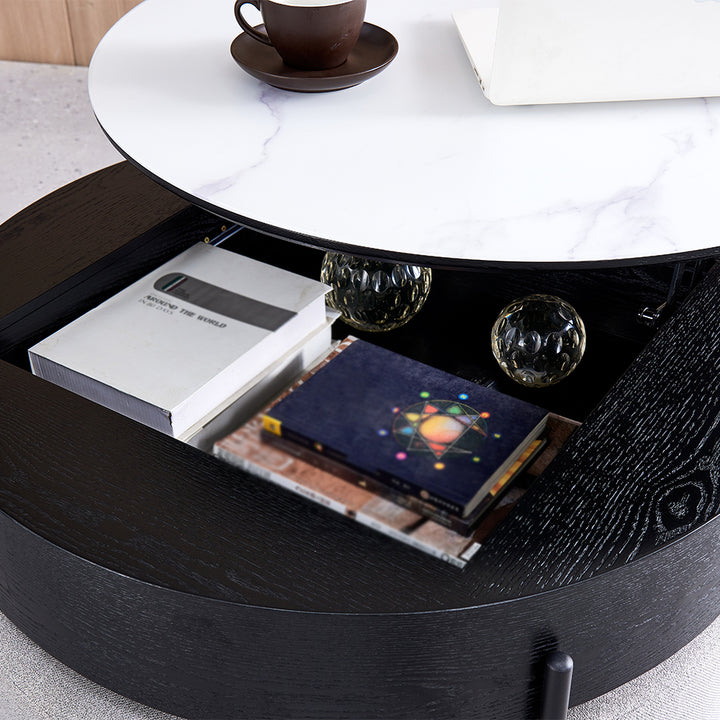 Modern Round Lift-Top Coffee Table with Storage & 3 Ottoman White & Black