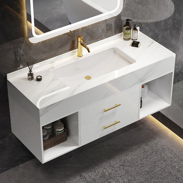 39.4" Floating Bathroom Vanity White with Cultured Marble Vessel Sink with 2 Drawers