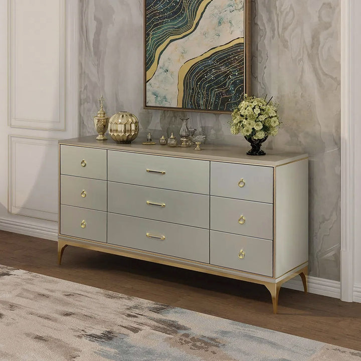 1600mm Contemporary 9-Drawer Champagne Bedroom Dresser for Storage in Gold