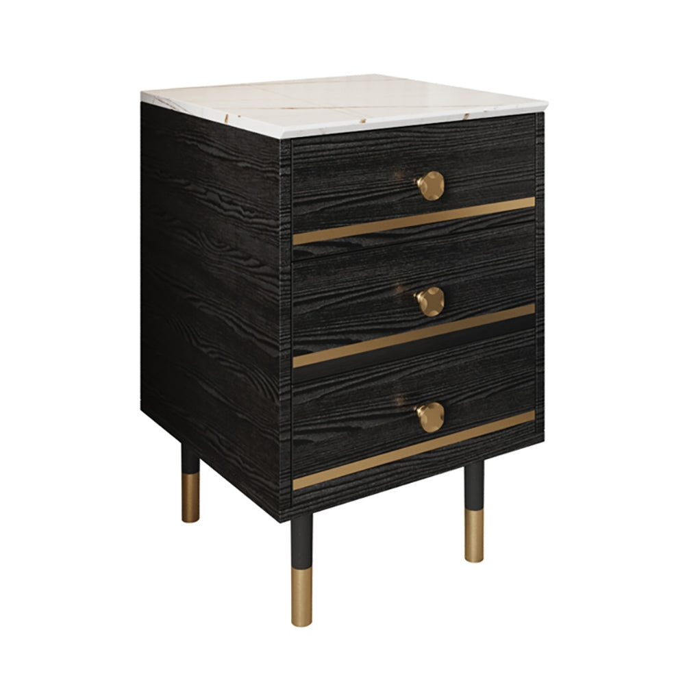 Modern Black Nightstand White Faux Marble Top Bedside Cabinet with 3 Drawers in Gold