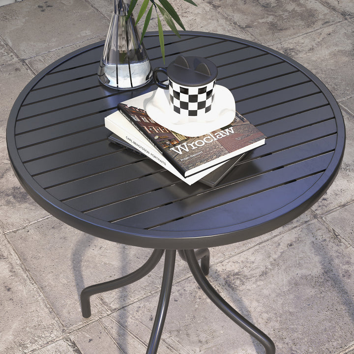 Garden Side Table: 66cm Round Patio Accent with Metal Frame & Slatted Top