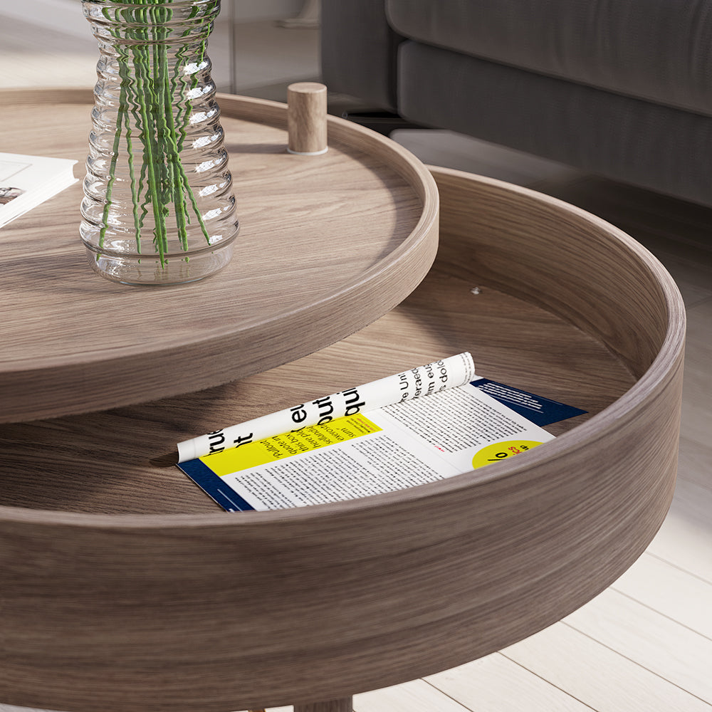 Modern Round Wood Rotating Tray Coffee Table with Storage & Metal Legs in Walnut