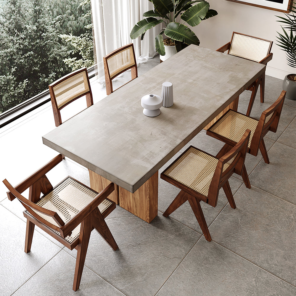 2000mm Farmhouse Natural Wooden Dining Table & 8 Walnut Japandi Rattan Dining Chairs Set