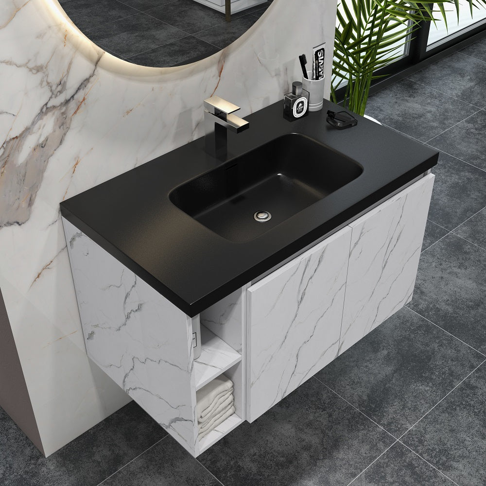 700mm Faux Marble Wall-Hung Bathroom Vanity with Top Stone Slate Countertop & Basin