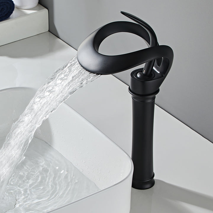 Modern Elegant Waterfall Bathroom Countertop Basin Tap Single Handle Solid Brass Black