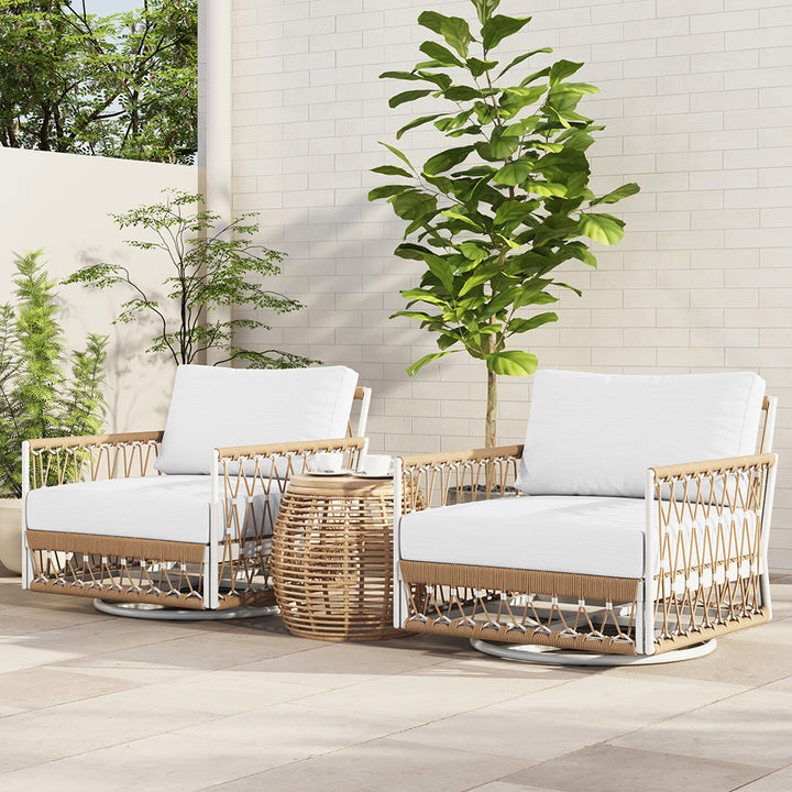 Ropipe Outdoor 360 Degree Swivel Chair with Hand Woven Rope in Khaki & White