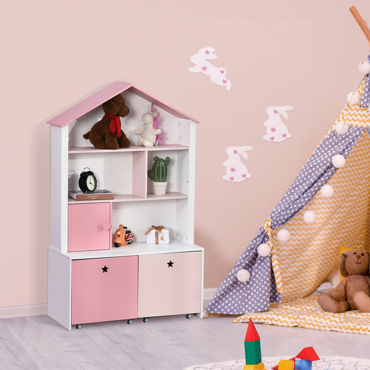 Kids Bookshelf Chest w/ Drawer with Wheels Baby Toy Wood Organizer Display Stand Storage Cabinet 80x34x130cm Pink