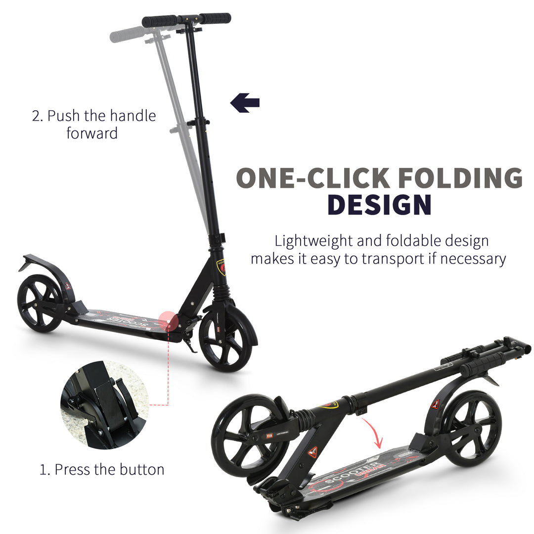 Folding Kick Scooter 2 Big Wheels Teens Adult 14+ Adjustable Ride On Black