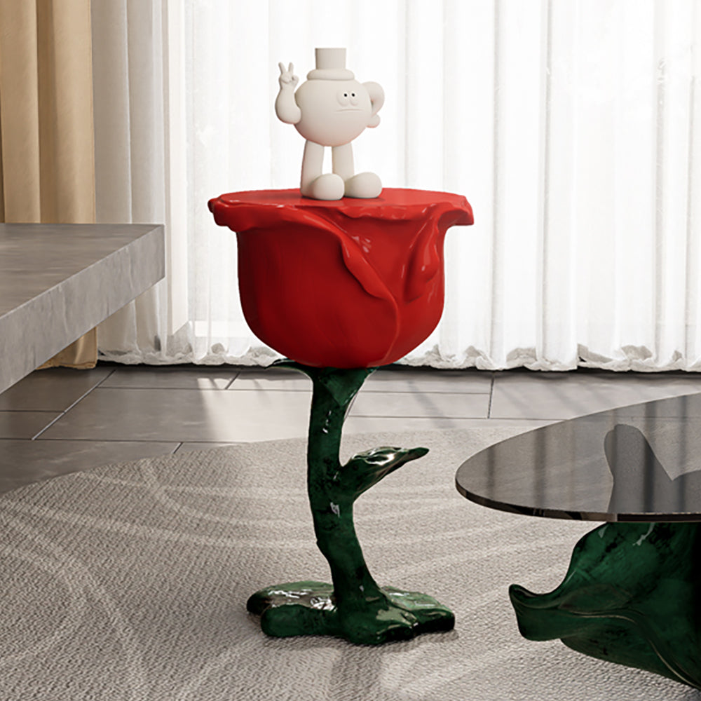 Modern Small End Table Red Resin Rose Sculpture Cute Pedestal Side Table with Tray