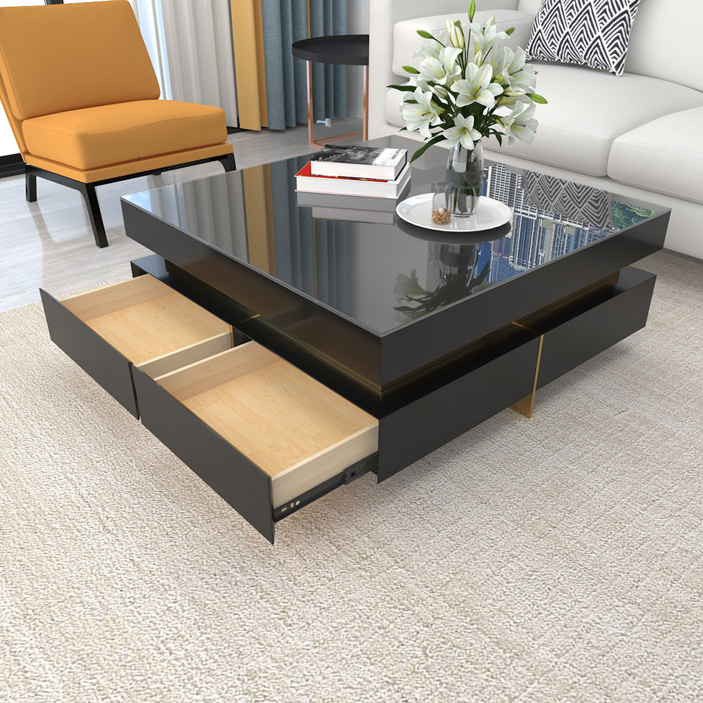 Black Modern Square Coffee Table with Drawers Tempered Glass Top & Metal Legs