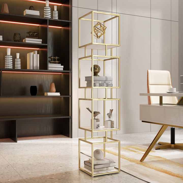 4-Tier Modern Simple Gold Cube Bookcase with Metal Tower Display Tall Wooden Bookshelf