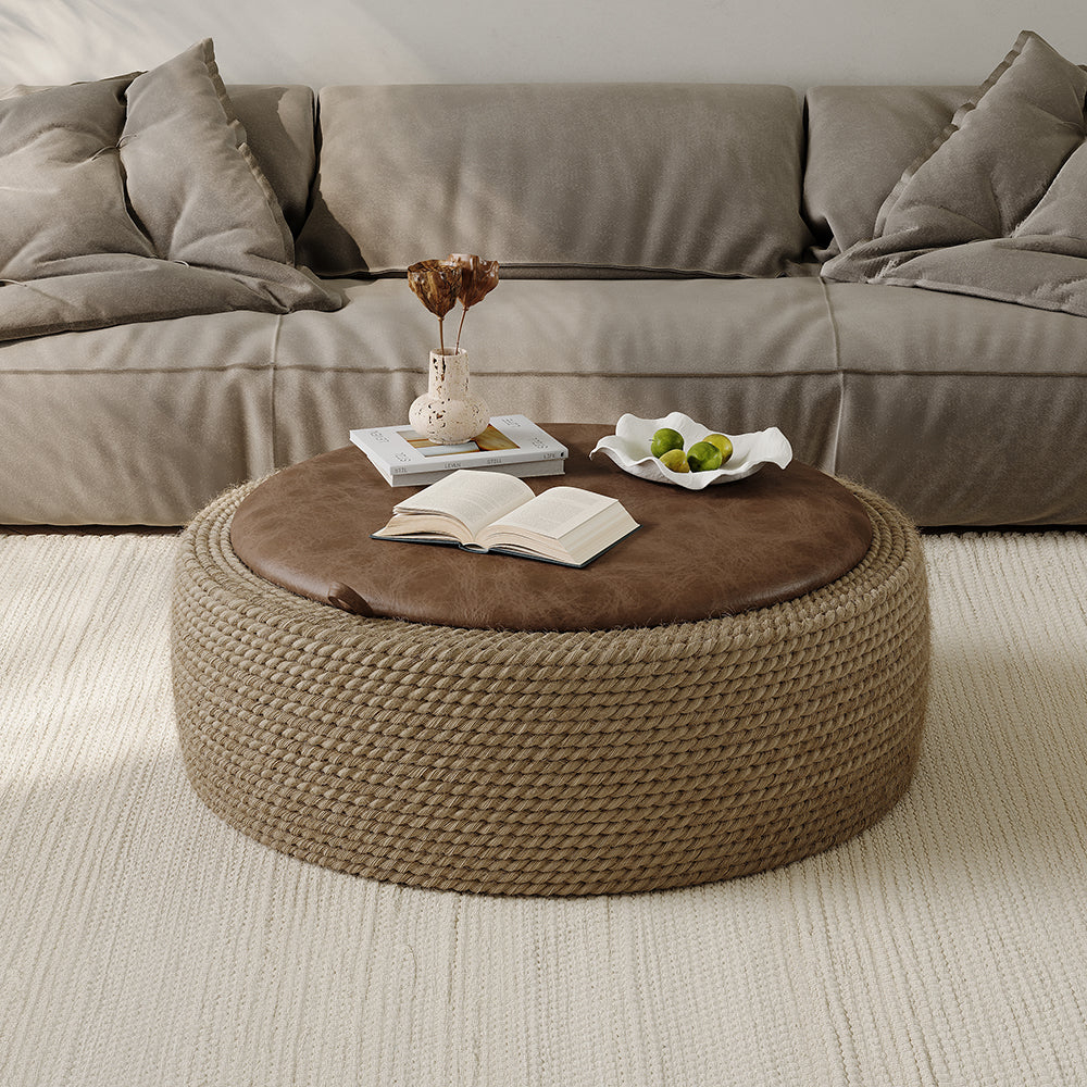 Coastal Round Woven Rope Drum Coffee Table in Brown with Storage