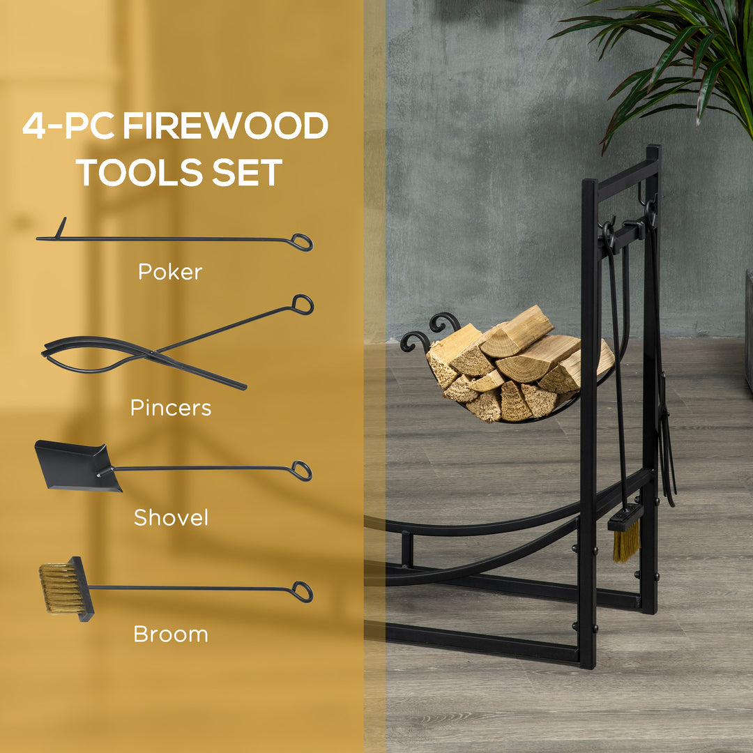 Firewood Stand Log Rack Holder 84cm with 4-PC Fireplace Tools Set