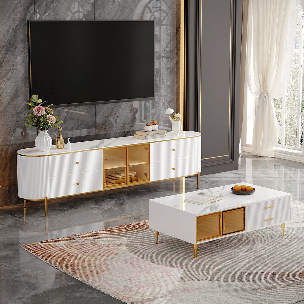 Yelly Modern White TV Stand with Oval Marble Top & Tempered Glass Doors Media Console