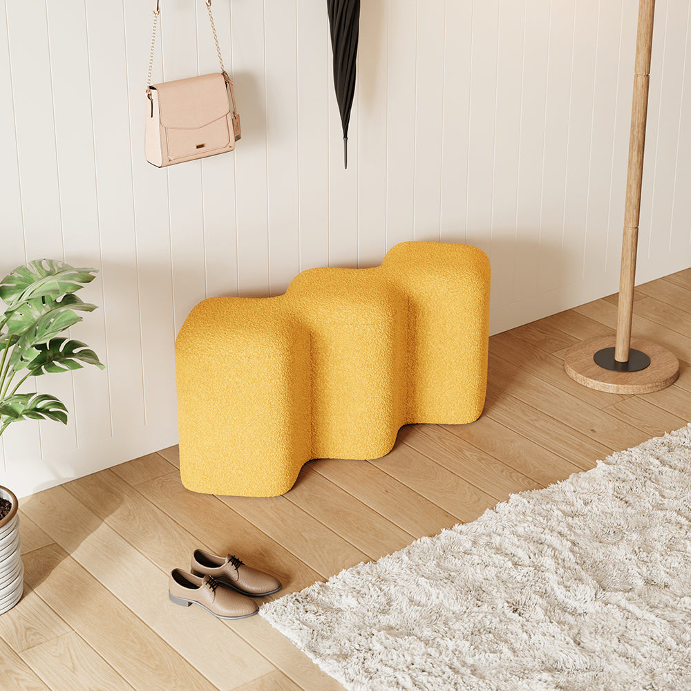 Modern Yellow Entryway Bench Boucle Upholstered Molecule Ottoman Wooden Frame