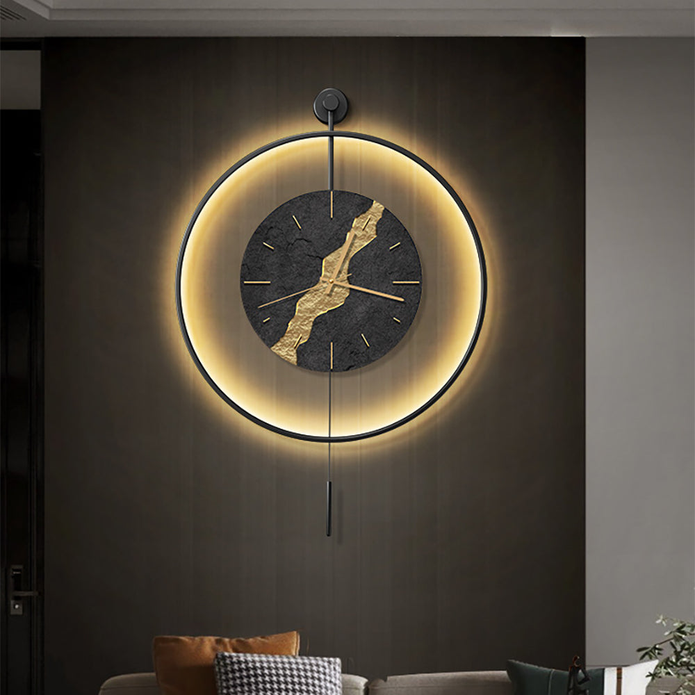 Black & Gold LED Light Pendulum Wall Clock Metal Wall Art Silent Wall Clock