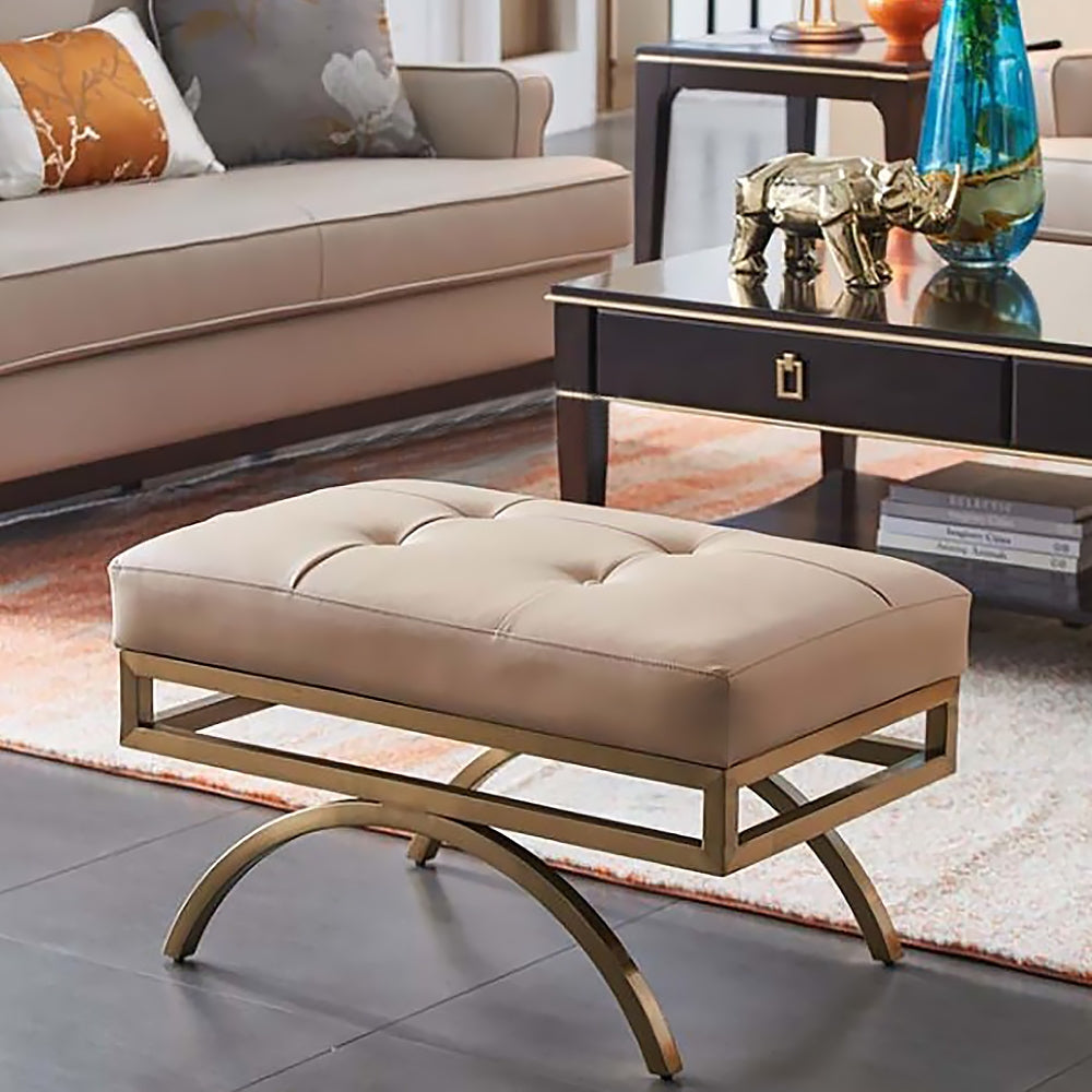 Beige Stool Leather Upholstered Ottoman Stool Gold Legs