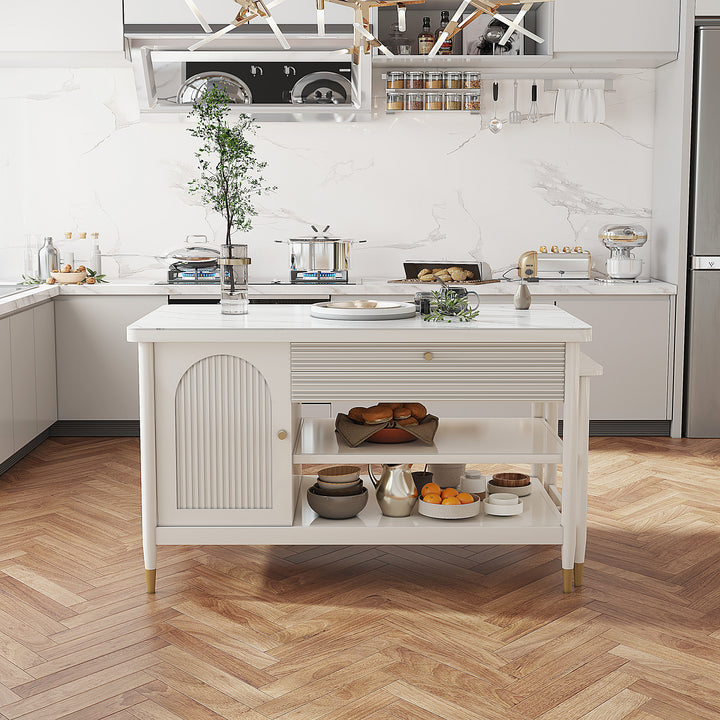 Modern 1525mm Extendable White Kitchen Island with Storage Faux Marble Kitchen Cabinet