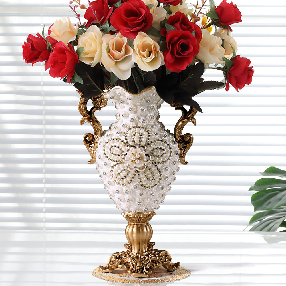 Shinely 380mm European Retro White & Gold Resin Large Flower Vase Decor Art Living Room