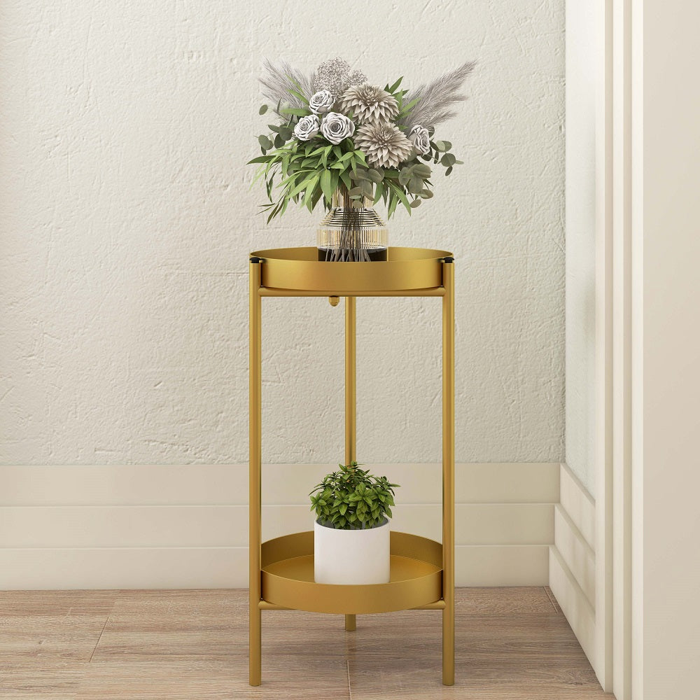 Round Metal Plant Stand 2-Tiered Gold Plant Pot Stand for Indoor in Small