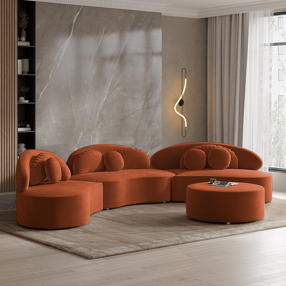 Homary Modern 7-Seat Sofa Curved Sectional Modular Orange Velvet Upholstered with Ottoman