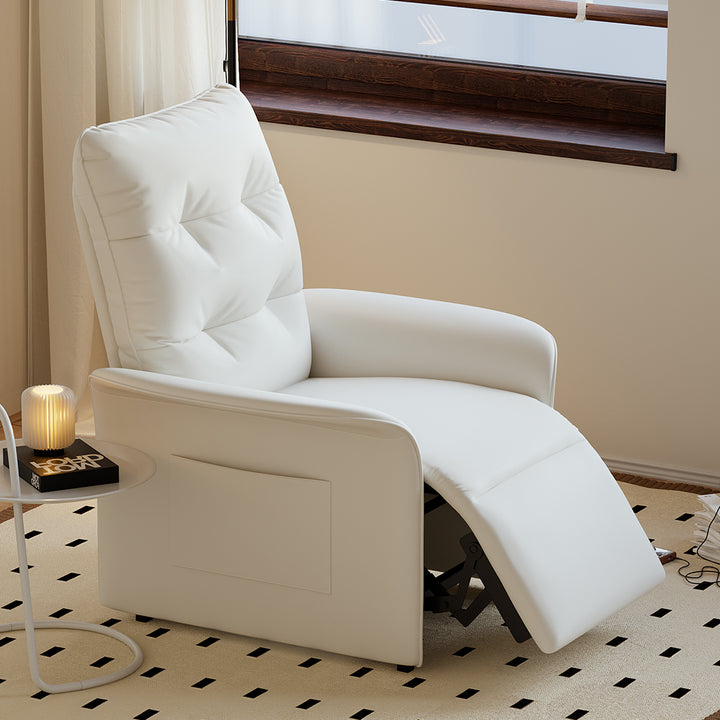 Modern White Leather Power Recliner High Back Sleeper Chair with Side Pocket