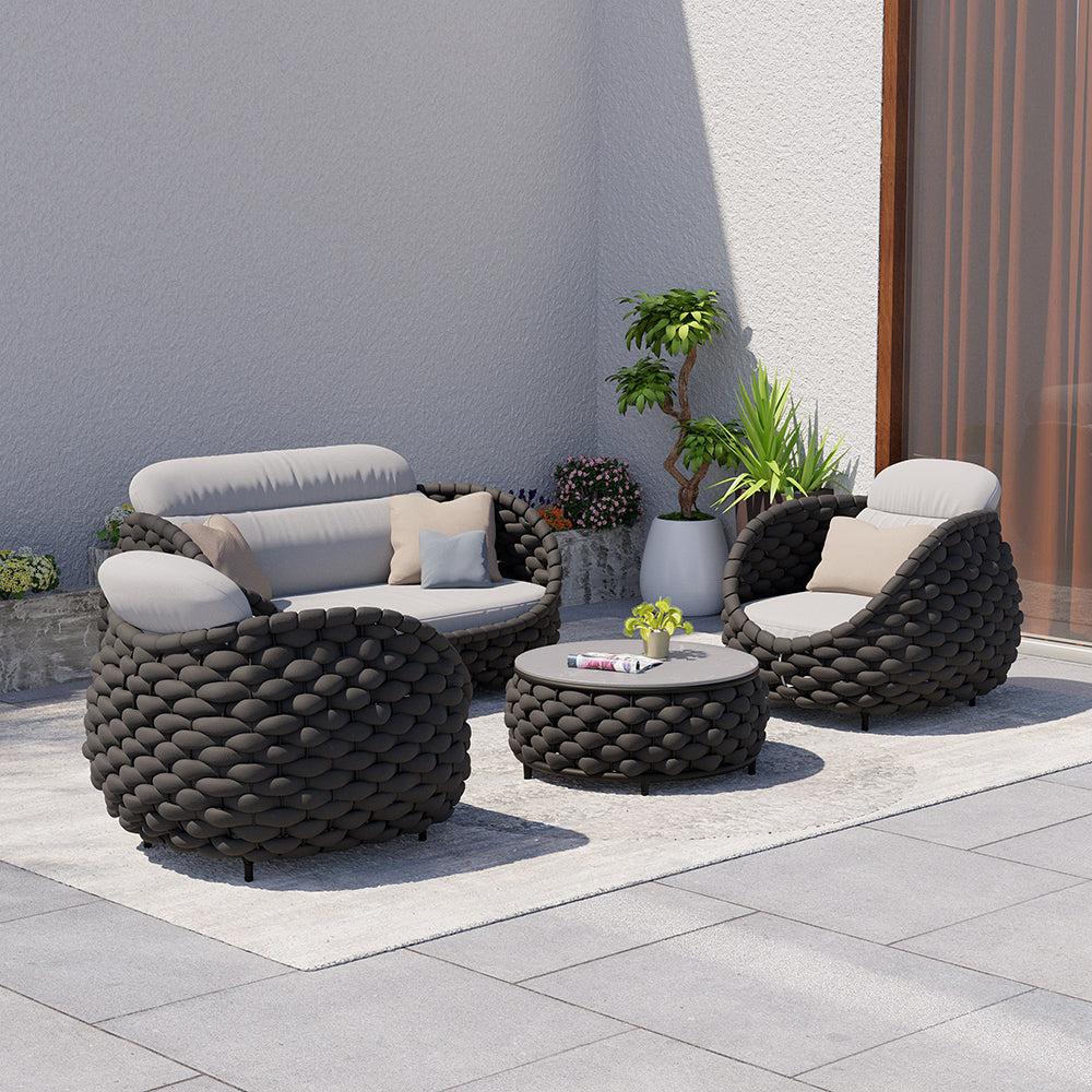 Tatta 4-Person Outdoor Sofa Set, Rotatable Hand Woven Rope Chair & Outdoor Coffee Table with Storage