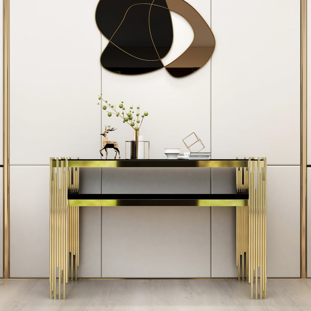 1200mm Modern Black Faux Marble Narrow Console Table with Storage Shelf and 4 Gold Legs